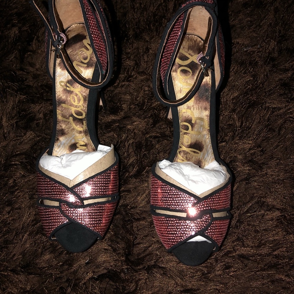 Sam Edelman Paisley Platform sequin/suede stiletto heels peep toe